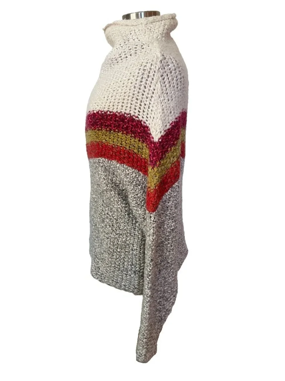 Free People Turn Around Chevron Chunky Knit Sweater Cream Grey Multicolor Small